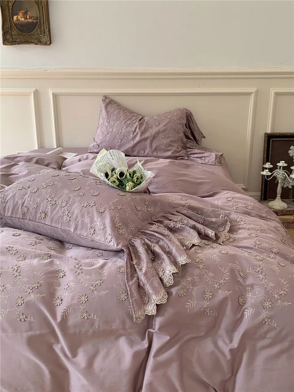 

European-Style High-End Three-Dimensional 60 Long-Staple Cotton Washed Cotton Four-Piece Cotton Princess Quilt Cover Bedding