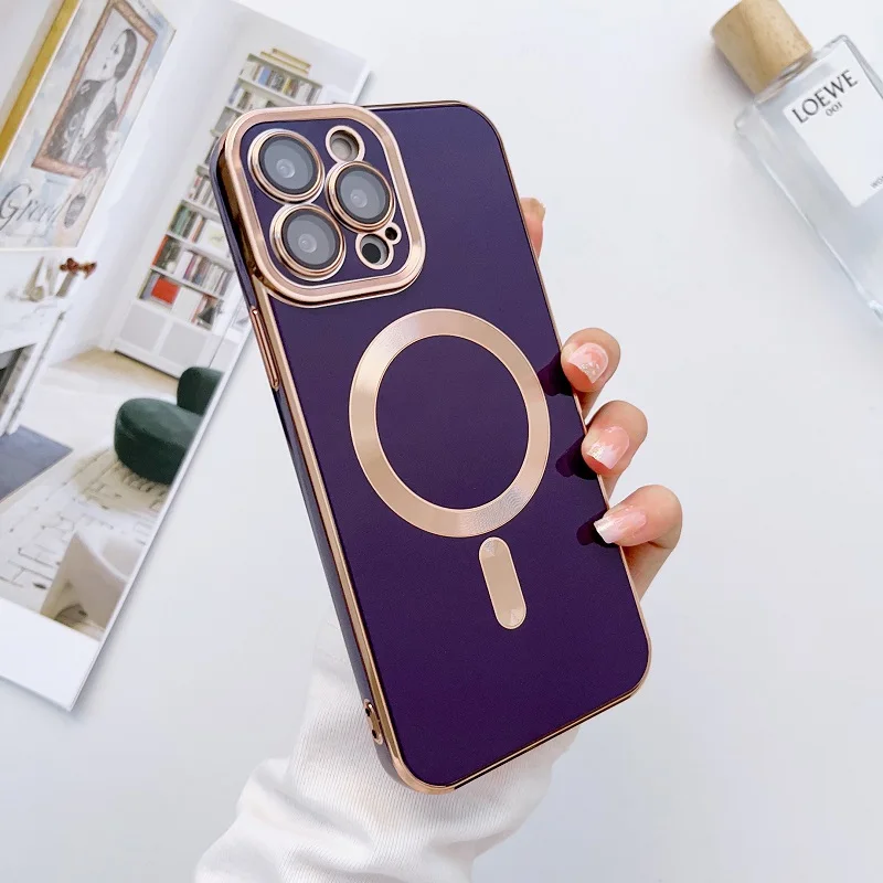 Plating Frame Phone Case iPhone 13 12 11 Pro Max 14 Plus For Magsafe Magnetic Wireless Charging Lens Protective_voghion.com