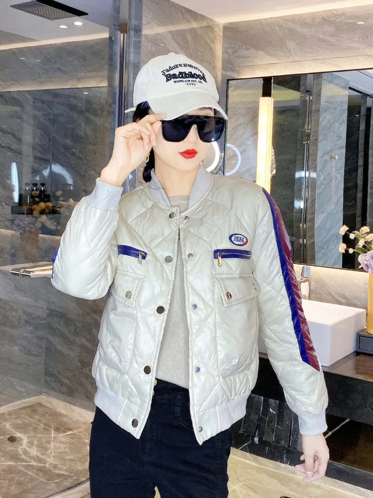 

Autumn Hit Color Stitching Labeling Baseball Uniform Cotton-padded Jackets Winter Casual O-neck Korean Style Female Coat 2023