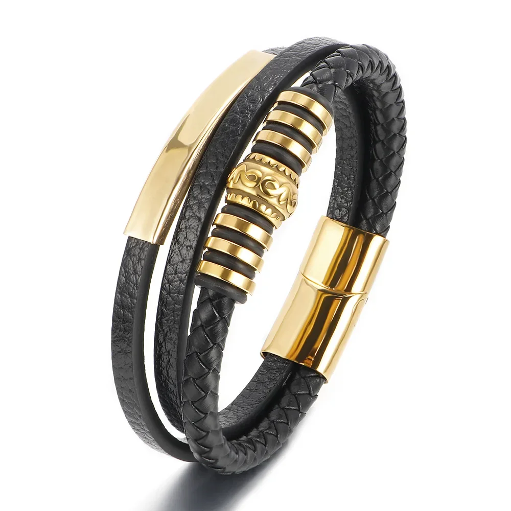 

Light luxury genuine leather stainless steel charm bracelet for men, magnetic clasp bangle