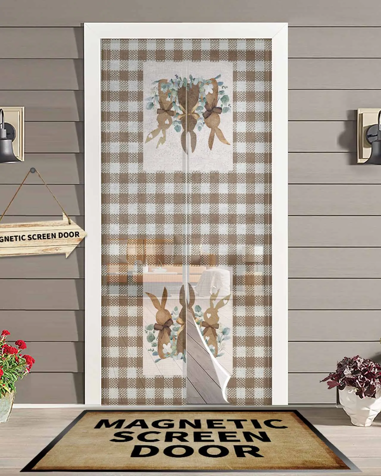 

Easter Brown Plaid Rabbit Retro Summer Magnetic Door Curtain Living Room Bedroom Home Anti-mosquito Screen Door Curtain
