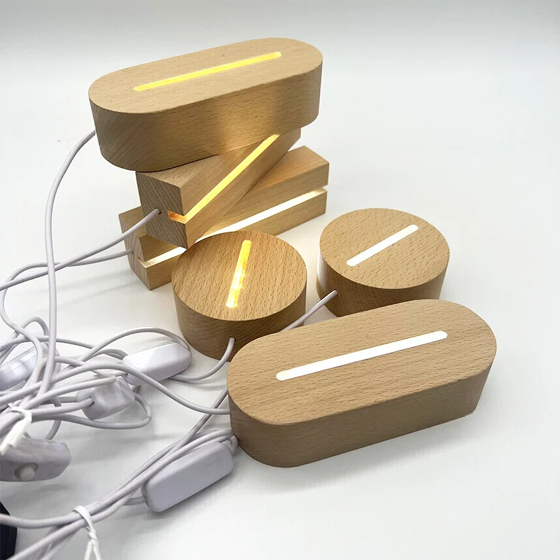 Creative LED Beech Wooden Display Base Rectangle Crystal Glass USB Night Lighted Stand for Resin Art Decorative Ornament Gifts
