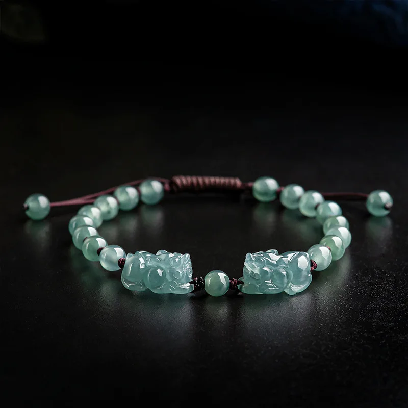 

Natural Grade A Jade Ice Blue Water A Pair of Emerald Pixiu Bracelet Fashion Personality Jewelry Accessories Men Women Gifts
