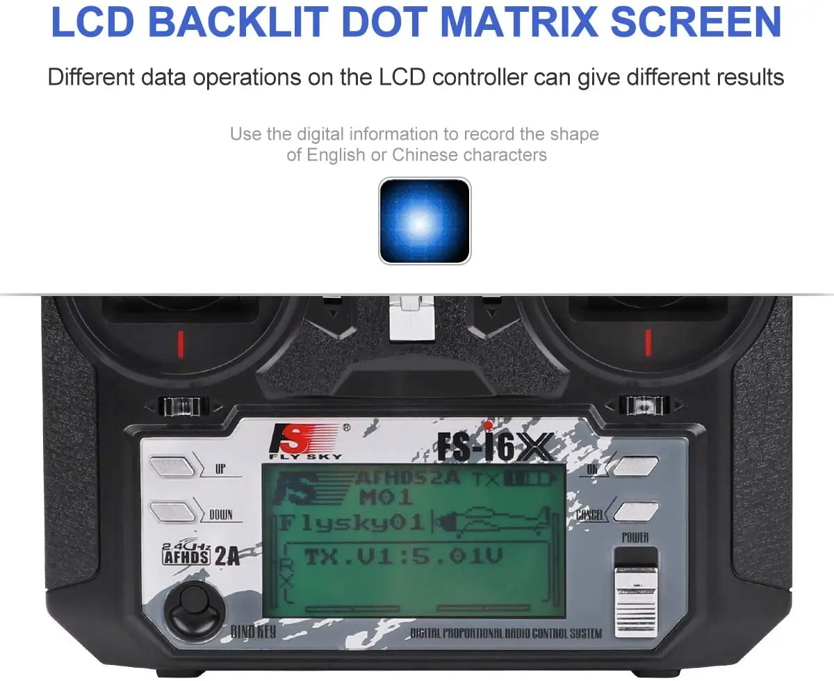 Flysky FS-i6X 10CH Radio Transmitter + Flysky ia10B Receiver 2.4GHz, AFHDS 2A for FPV Racing RC Drone Quadcopter 13 LCD BACKLIT DOT MATRIX SCREEN Different data operations on the LCD