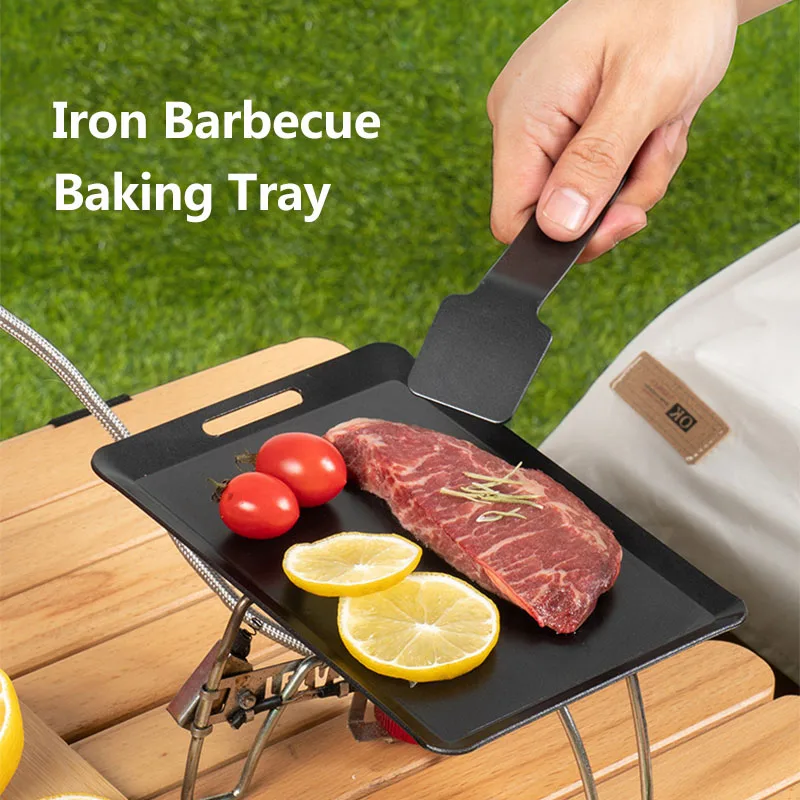 

Square Non Stick Baking Tray Outdoor Camping Iron Barbecue Plate Portable Hangable Fire Cooking Rapid Heat Conduction Bbq Tray