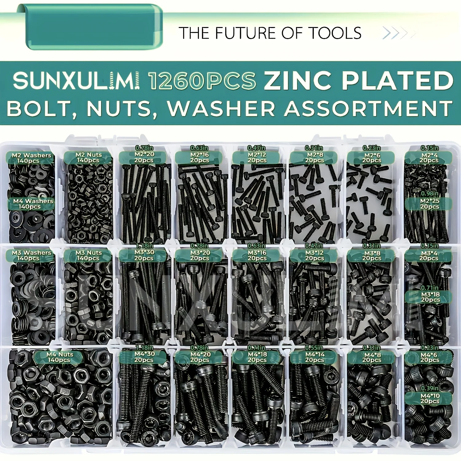 1260pcs Metric Bolt Assortment M2 M3 M4, 21 Sizes 4MM To