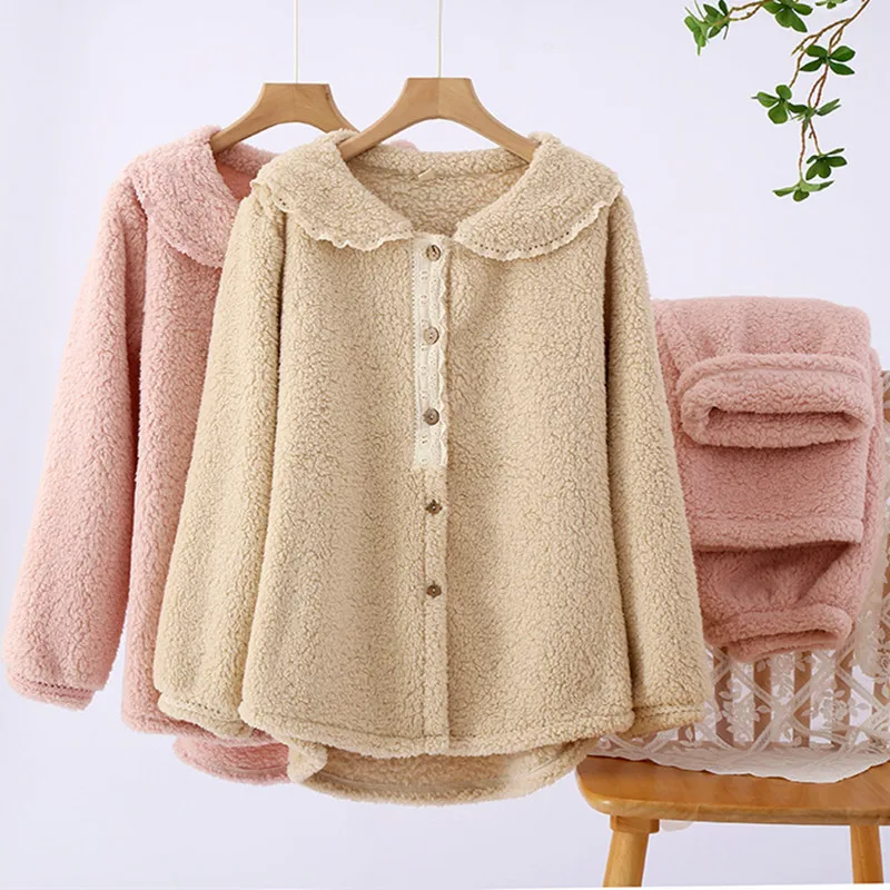 

Теплая плотная бархатная Пижама Fdfklak для женщин, новая одежда для сна с кукольным воротником и длинным рукавом, комплект фланелевой зимней пижамы, женский домашний костюм