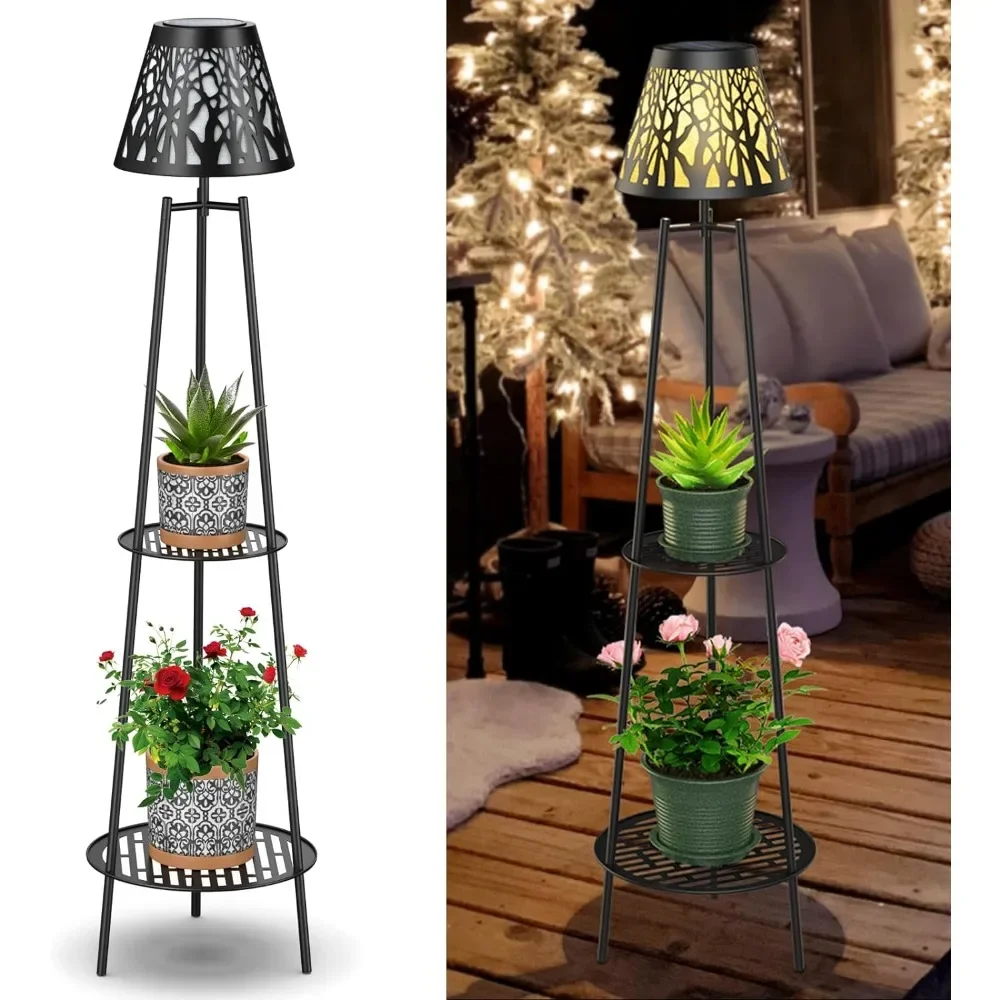 

45.5" Metal Solar Floor Lamps Outdoor With 2 Plant Stands Support for Plants Plant Stand Indoor Flower Pot Stand Shelf Storage