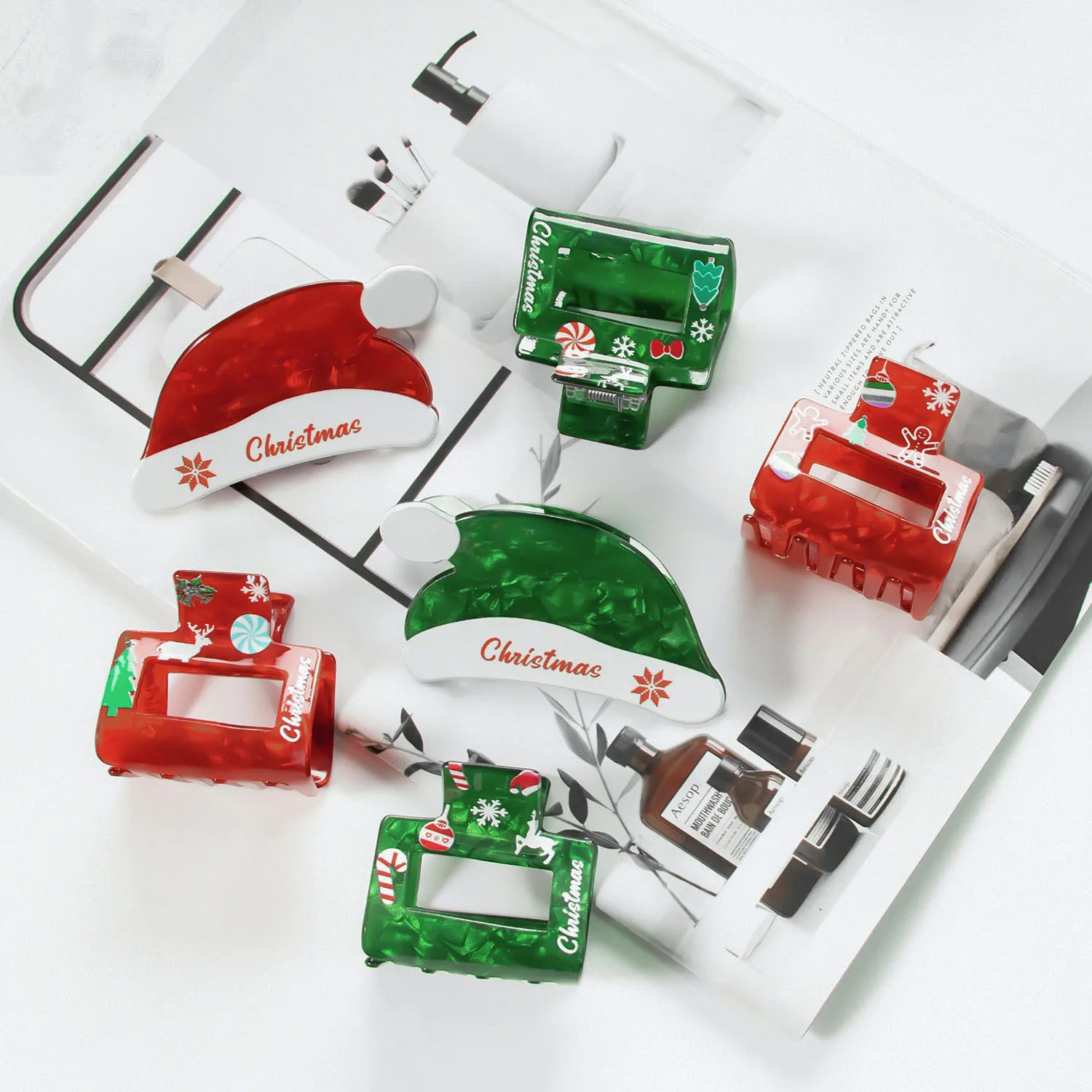 

New Red Green Christmas Red Hat Hairpin Fashion Print Acrylic Back Brain Clasp Shark Clip For Women Girls Hair Accessories