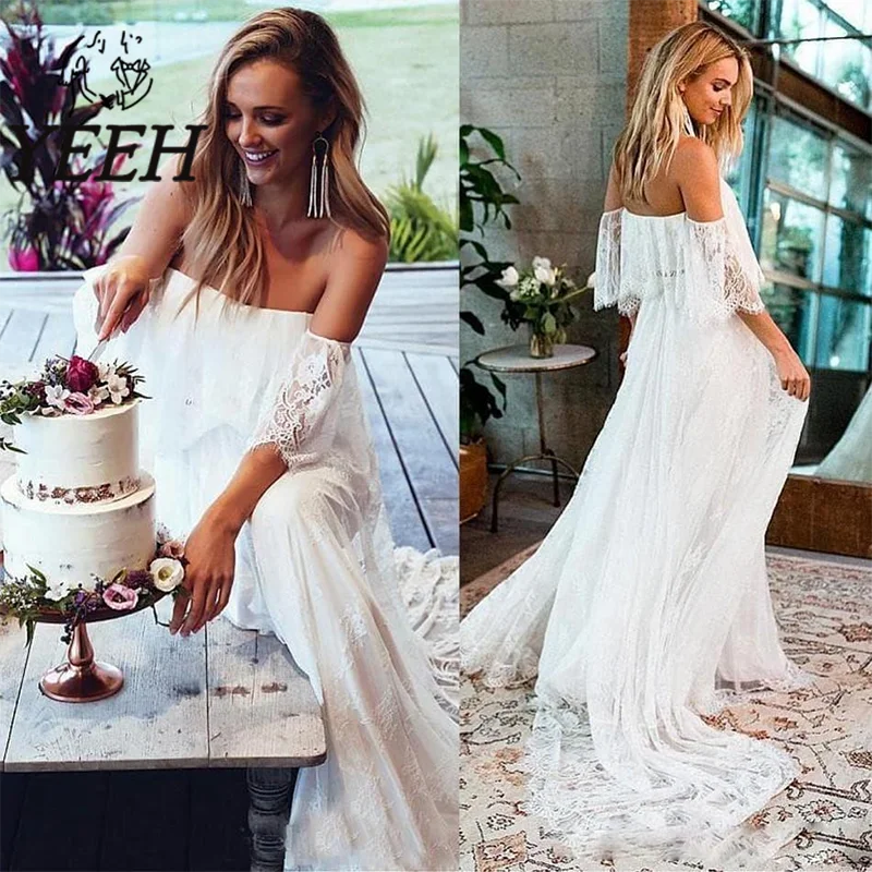 

YEEH Wedding Dress Off-the-shoulder Elegant Draped Lace Bridal Gown Boho A-line Plain Court Train Vestido De Noiva for Bride