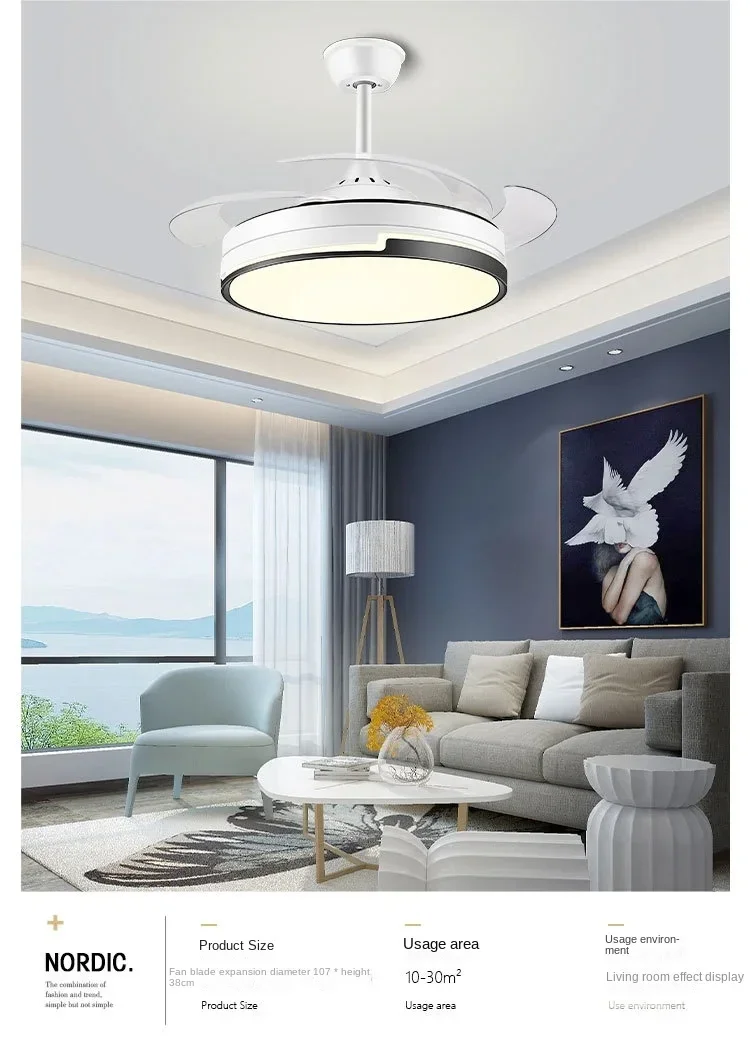 All copper Led Ceiling Fan With Energy-saving Lighting, Modern Style Living Room Invisible Ceiling Fan, Household 6-speed Variab