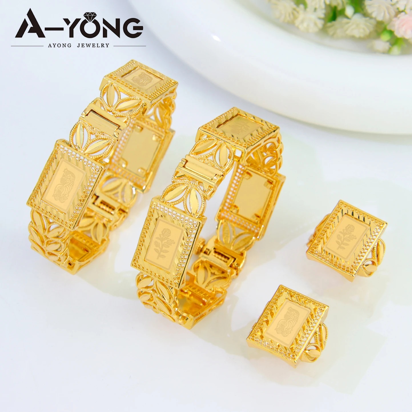 Arabisches Modeschmuck-Set 21k Vergoldet Algerien Braut Hochzeit Armreifen Ringe Oman Muslimische Frauen Vintage Party Schmuck – Detail 5