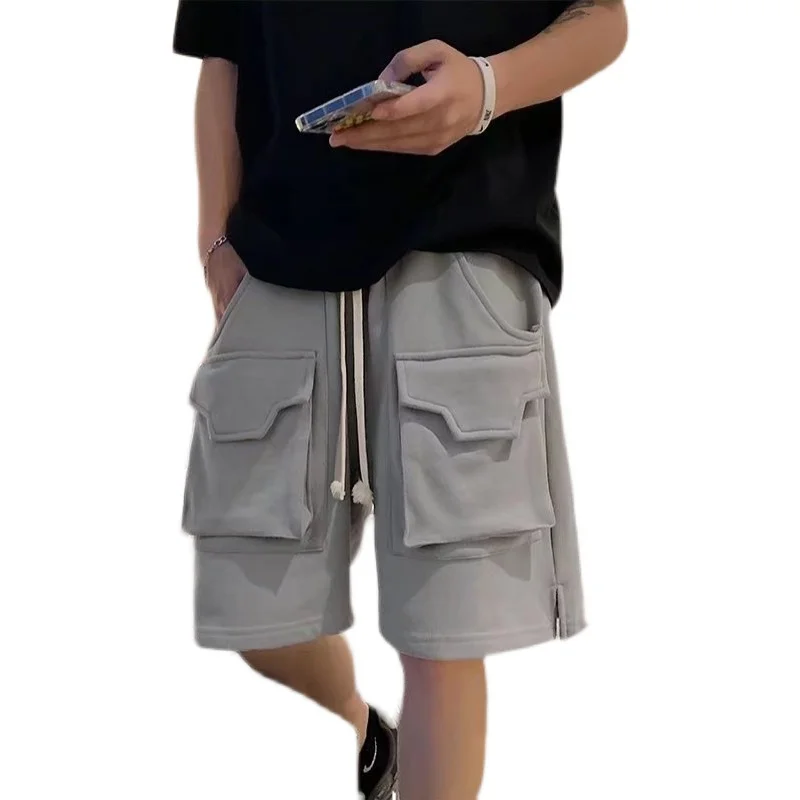 Men Cargo Side Split Hong Kong Style Shorts Design Loose Fitness Casual Daily Streetwear Loungewear Party Nightclub Shorts