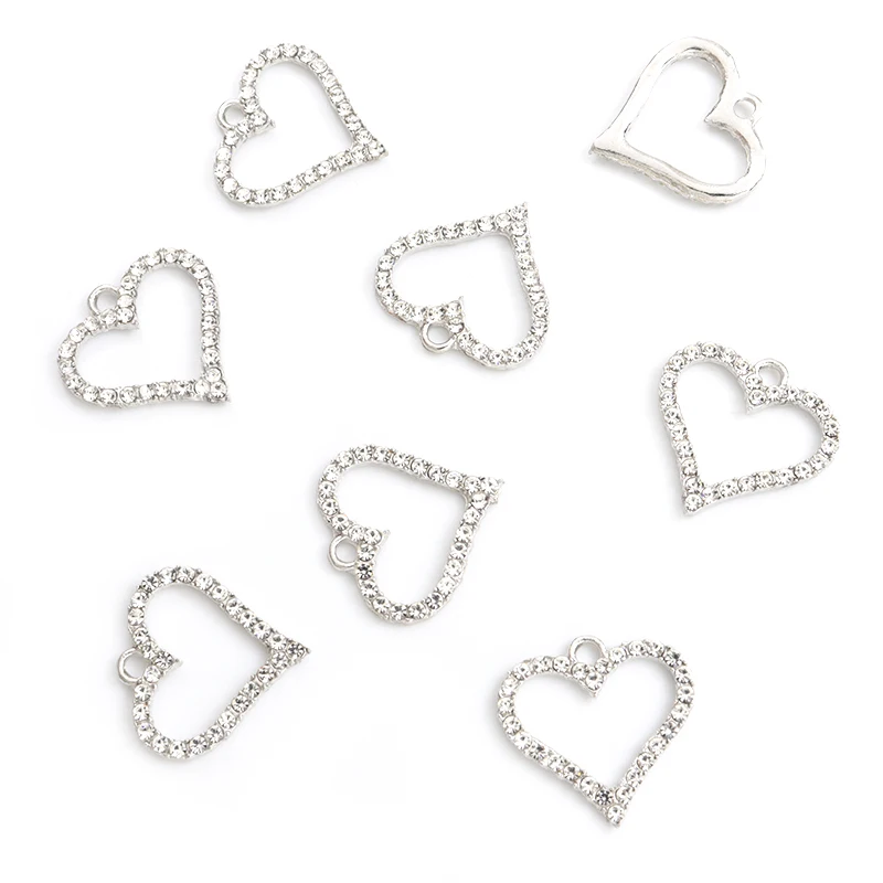 10pcs Simple Trendy Crystal Rhinestones Heart-shaped Charms Couples Jewelry Accessories DIY Necklace Earrings Openwork Pendants