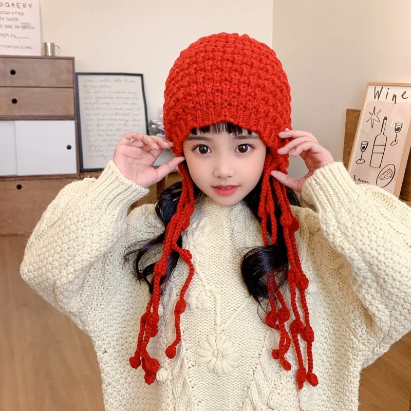 Tassel ladylike style ins children's woolen hats, trendy autumn and winter handmade girls' baby knitted ear protection hats