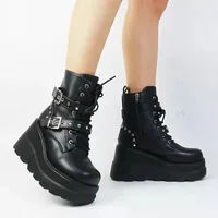 New Women Pu Leather Ankle Booties Woman Autumn Winter Round Toe Lace Up Shoes Woman Motorcycle Platform Gothic Boots Cosplay - Image 3