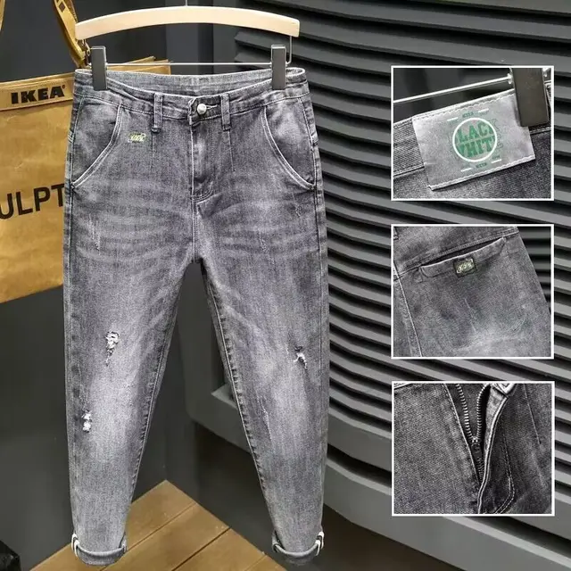 High-end Designer Luxury Men's Slim Fit Casual Spring and Autumn Denim Jeans Stretch Cowboy Washed Distressed Skinny Grey Pants 1