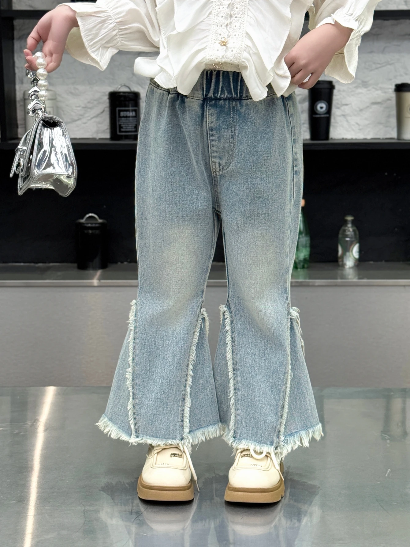 키즈 여아 Y2K 플레어 진, 2026 새로운 패션 라이트 블루 프레이드 데님 벨 ..