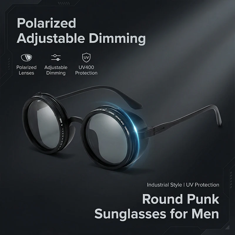 Polarized Adjustable Dimming Round Punk Sunglasses Men 2025 Luxury Brand Vintage Steampunk Sun Glasses Male Shades UV400 Eyewear