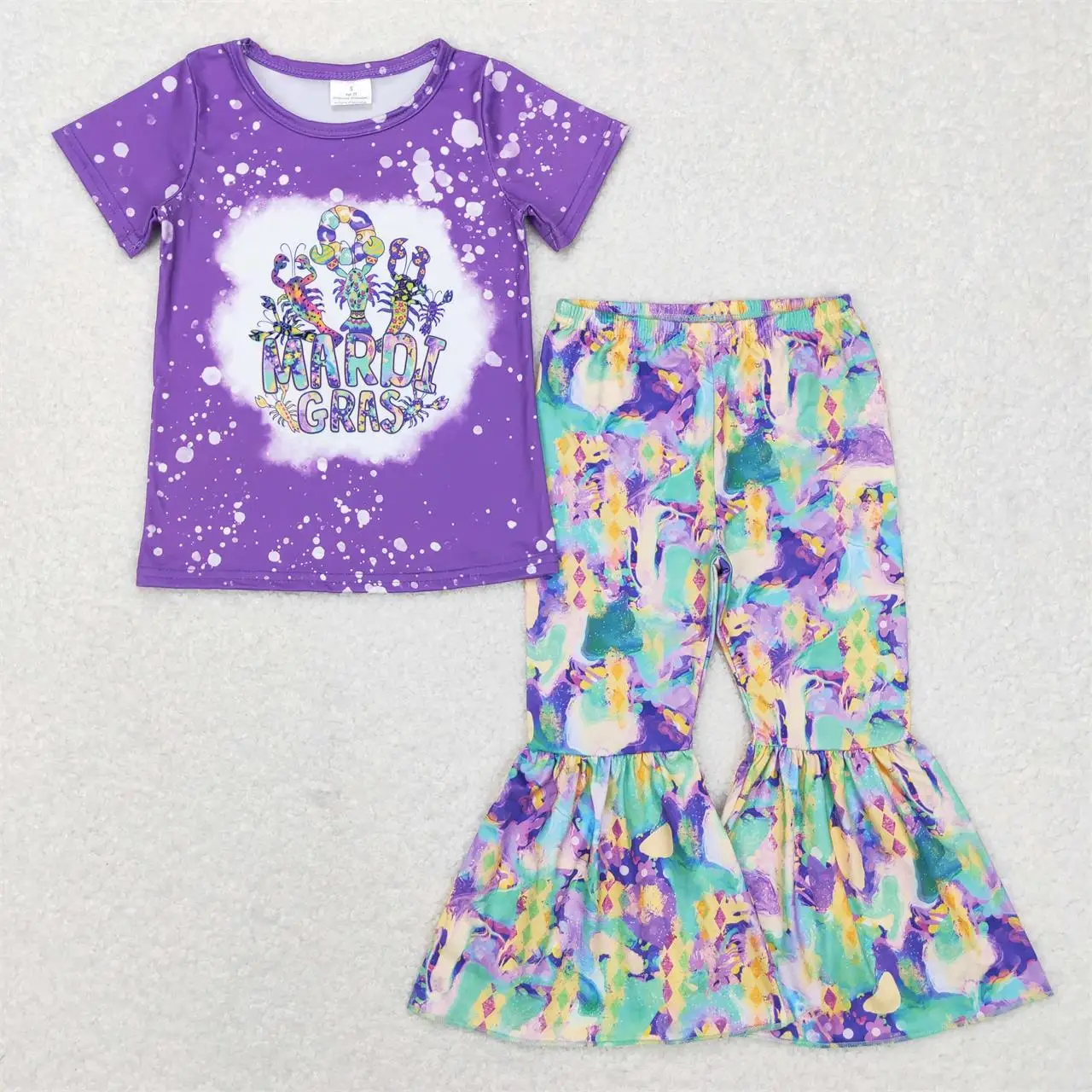 

Wholesale Kids Purple Short Sleeves Crawfish T-shirt Tee Baby Girl Mardi Gras Outfit Set Toddler Children Bell Bottom Pants