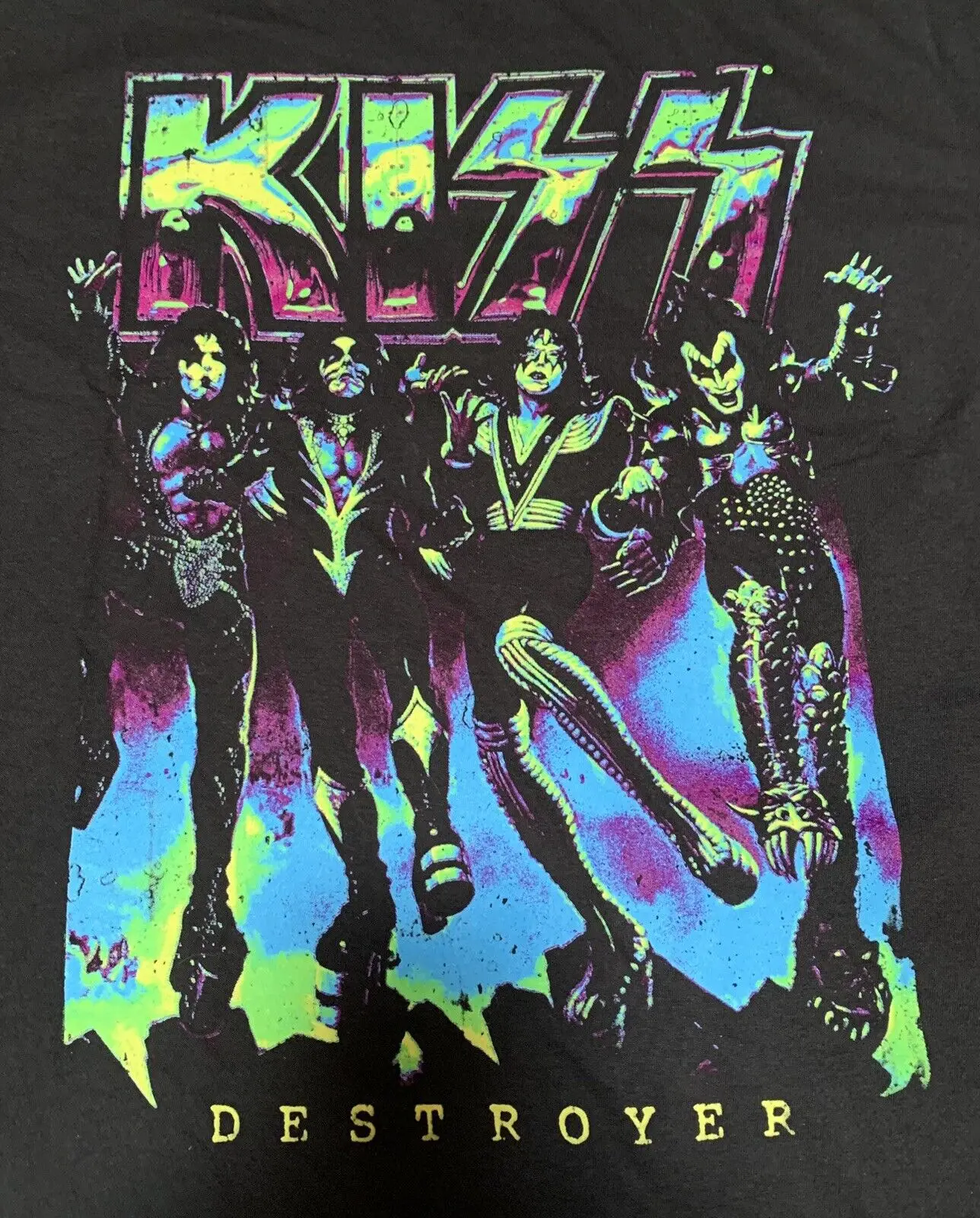 New Kiss Hard Rock Band Destroyer Album Cover Neon Artwork Mens Black T-Shirt Xl