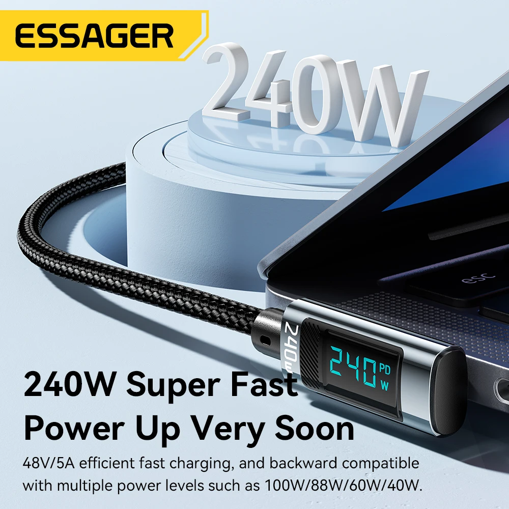 Essager 240W USB Type C To USB C Cable 90 Degree Angle PD Fast Charging Charger Wire For iPad MacBook Pro Xiaomi Samsung Huawei