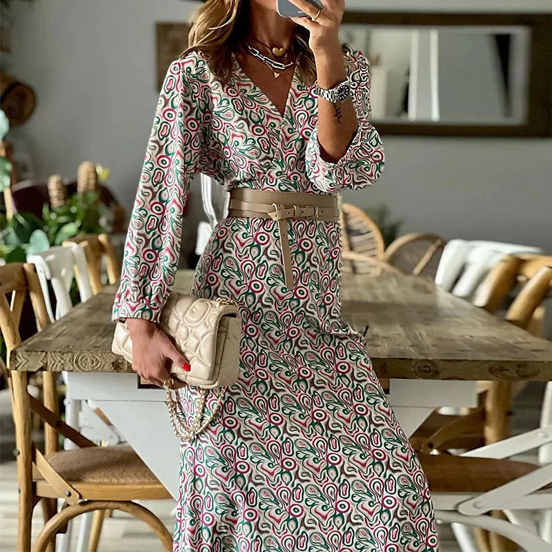 

Elegant Casual V Neck Long Sleeve Dress New Autumn Pattern Print Waisted Party Dress Spring Commute Slim A-Line Boho Maxi Dress