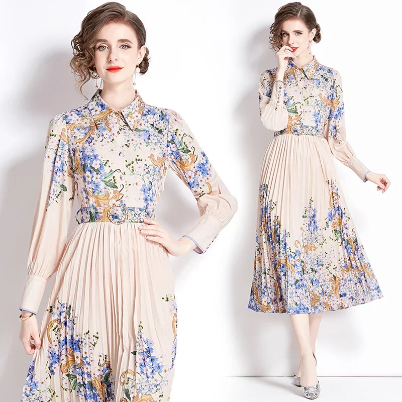 

2024 Spring Fall Runway Casual Flower Dress Women's Long Sleeve Lapel Shirt Dress Floral Print Belted Long Party Pleated Vestido