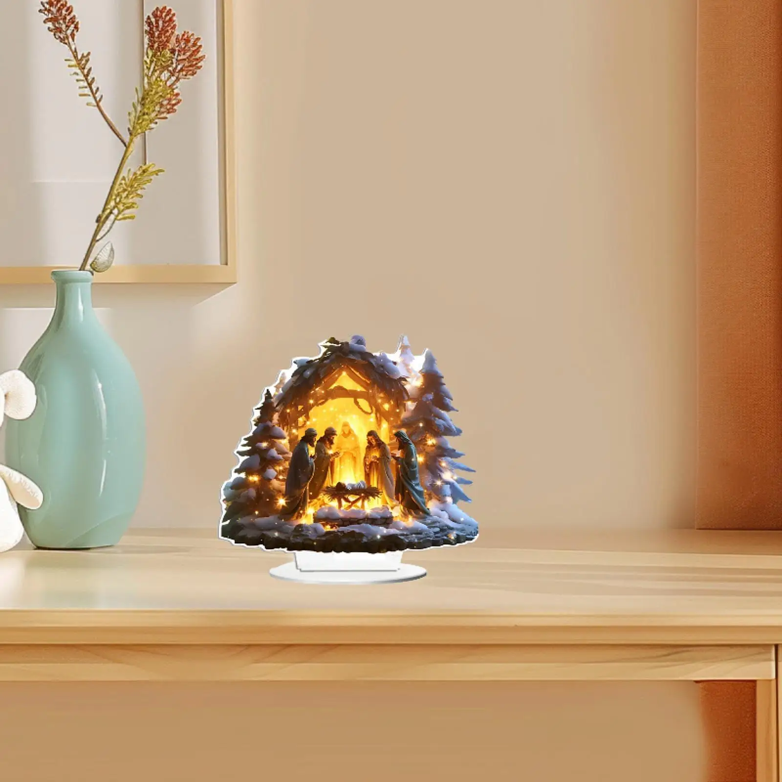 Christmas Nativity Scene Figurine Acrylic Statue Collectible Snow House Decorative Holy Family Table Ornament for Holiday