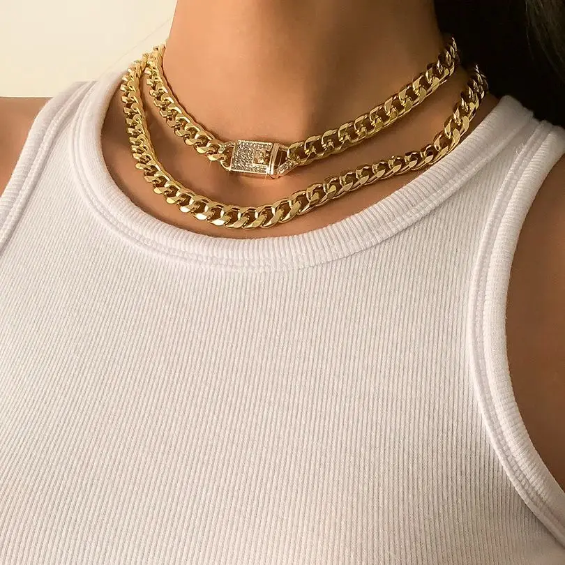 Set Di Collana E Bracciale Girocollo Spesse Dorate, Catena Cubana Punk, Gioielli Donna Alla Moda, Lunghezza Regolabile 27+10 Cm