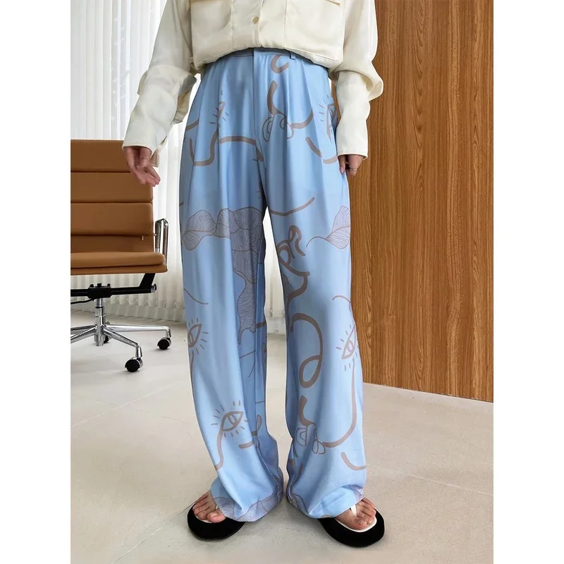 Women Summer Loose Wide-leg Pants Graffiti Printed Ice Silk Trousers Blue High Waist Drape Satin Mopping Pants Women 2024 Summer
