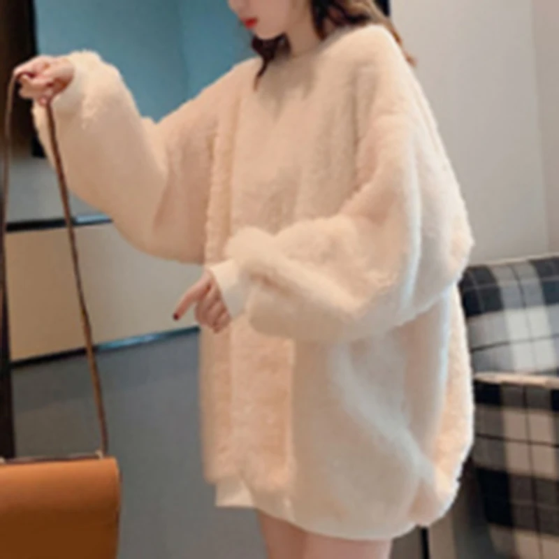 2024 Fleece Sweatshirts for Women Autumn Loose O Neck Long Sleeve Pullover Female Faux Lamb Wool Plush Warm Furry Tops White