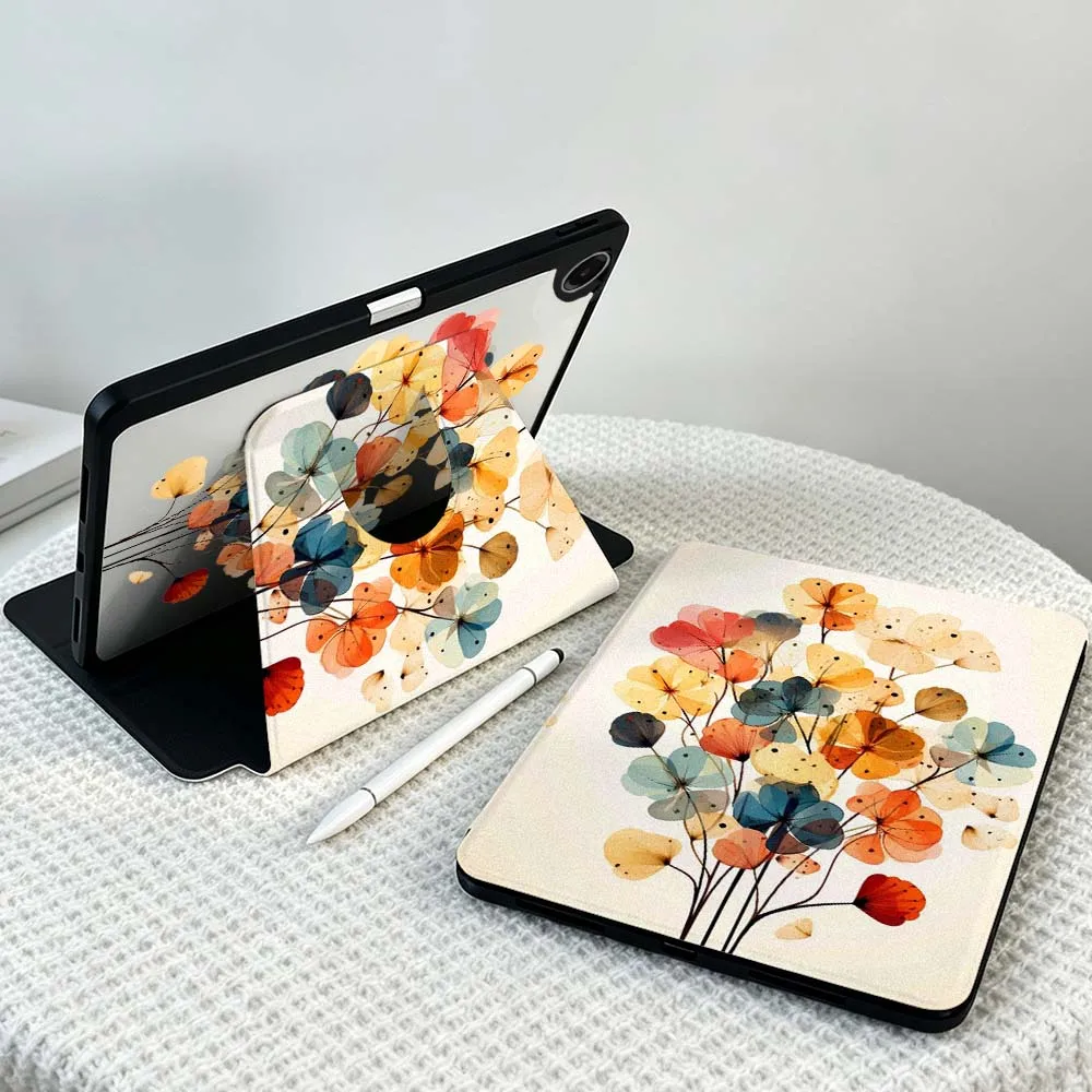 Artistic Floral Pattern 360° Rotation Tablet Case with Stylus Storage - Soft Cover