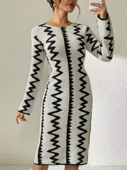 Plus Size Chevron Stripe Knit Dress Women Long Sleeve Crew Neck Midi Sweater Dress Autumn Winter