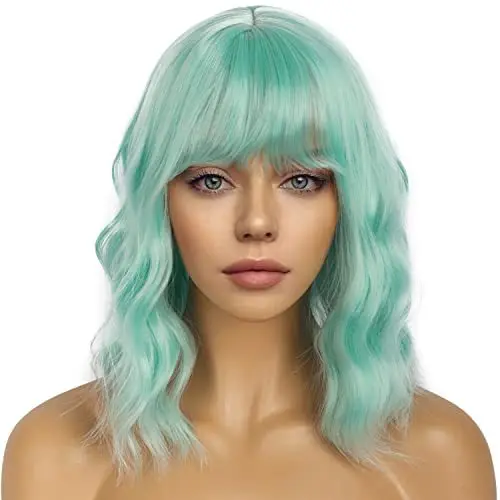 

Женские Зеленые Синие короткие синтетические парики с челкой, волнистый парик для косплея Лолиты, натуральные термостойкие волосы, искусственные ролевые игры