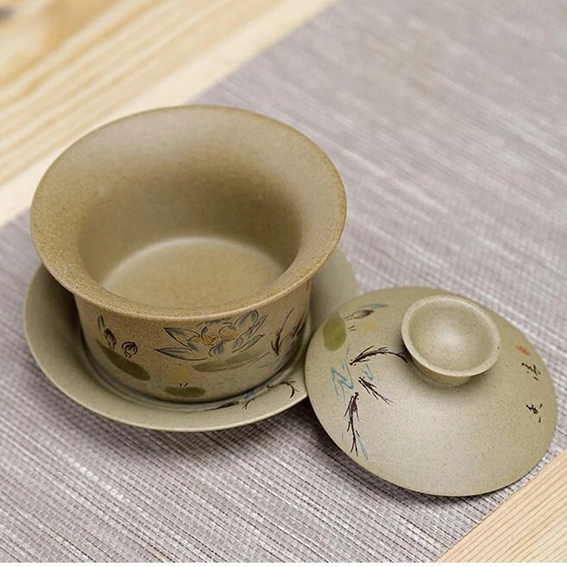 Jingdezhen ceramic Gaiwan bowl Chinese style Stoneware retro tea set Handmade Bubble tea bowl Travel Tea cup 150ml