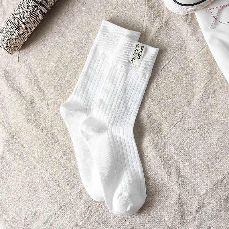 Premium Cotton Knitted Women's Retro Crew Socks - Solid Colors
