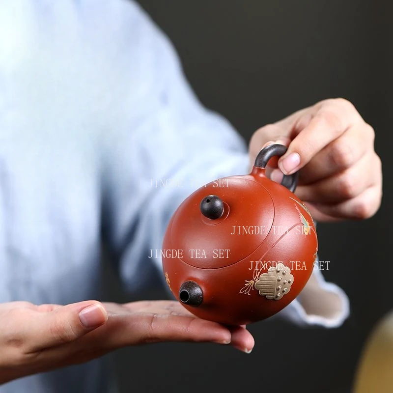 220ml Purple Clay Xishi Pot Household Chinese Style Tea Pot Lotus Pond Handmade Pu Erh Tea Maker Large Capacity Ball Hole Teapot