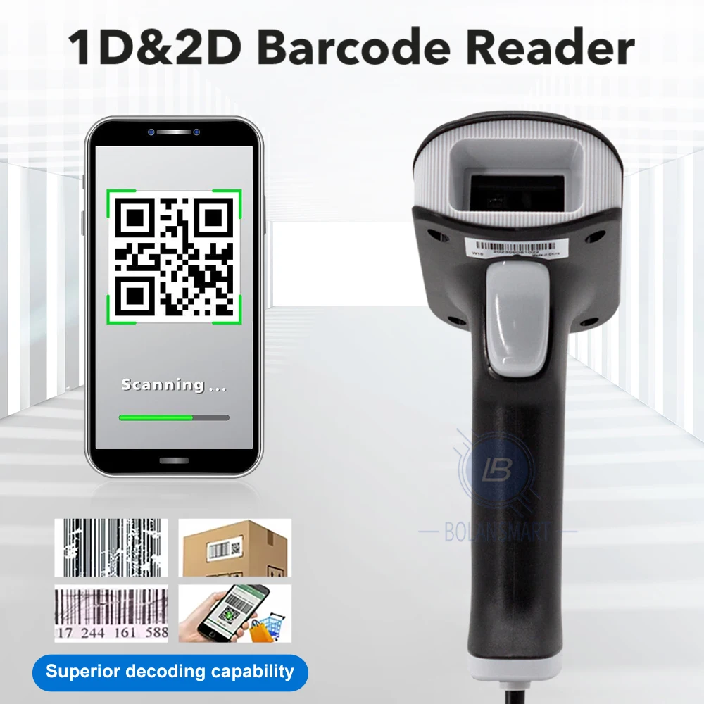 휴대용 블루투스 바코드 스캐너, QR 코드, 무선 2D 바코드 리더, 슈퍼마켓용 베이스 포함