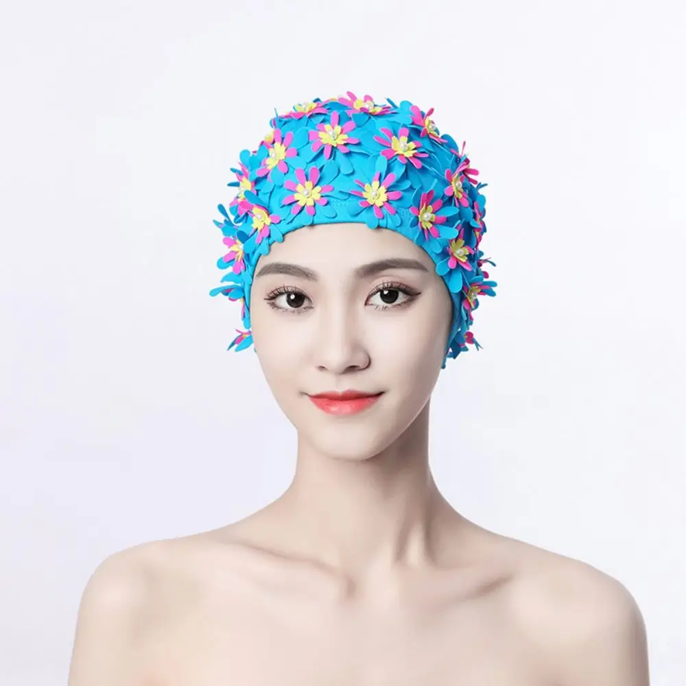 Pearl Floral Petal Swim Cap Flower Long Hair Swimming Cap Lightweight Vintage Style Flower Swimming Cap Water Sports 2