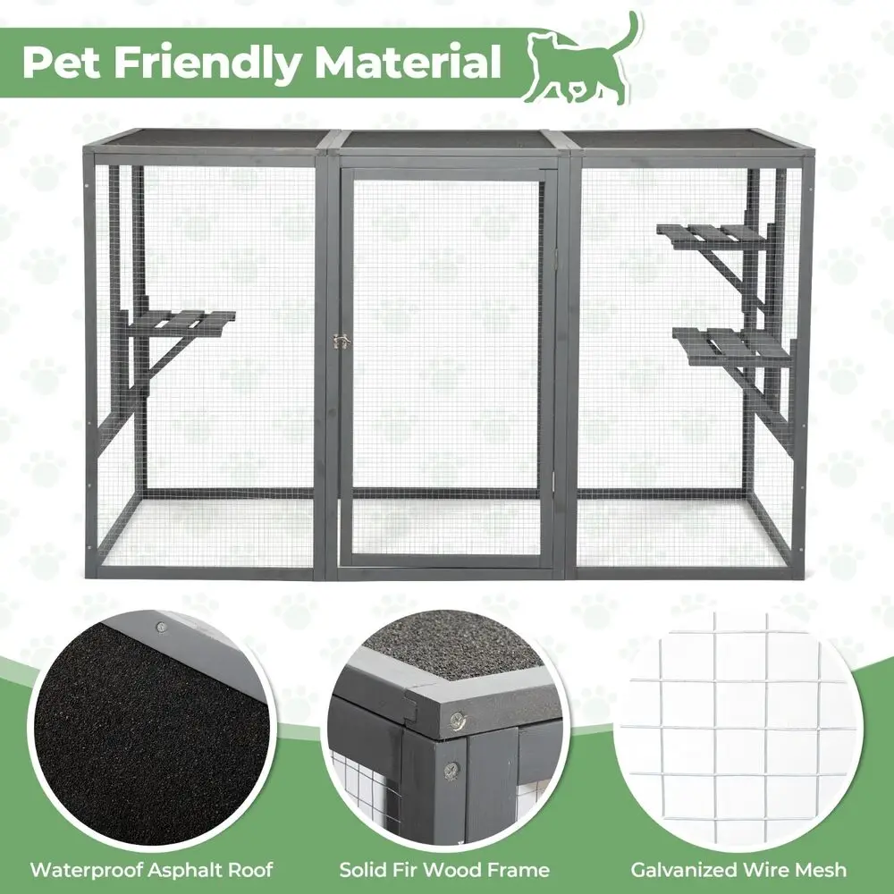 43.5"H Large Wooden Cat Enclosure,Wooden Cat House Weatherproof, Window Catios with 3Platforms,Secure Patio & for Cats