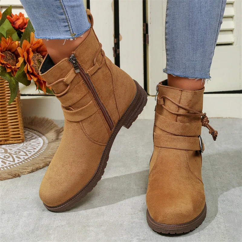 

Women's Ankle Boots 2023 Autumn Winter Flat Low Heel Cowboy Boots Woman Flock Plus Size Zipper Non-Slip Casual Booties Mujer