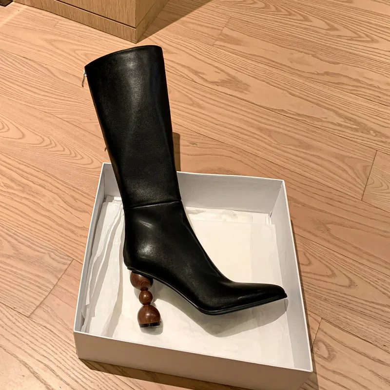 High Boots Ladies Slip On European Style Designer Shoes Elegant Heel Winter Mid Calf Boots  Pointed ToeSpring Autumn Woman Boots