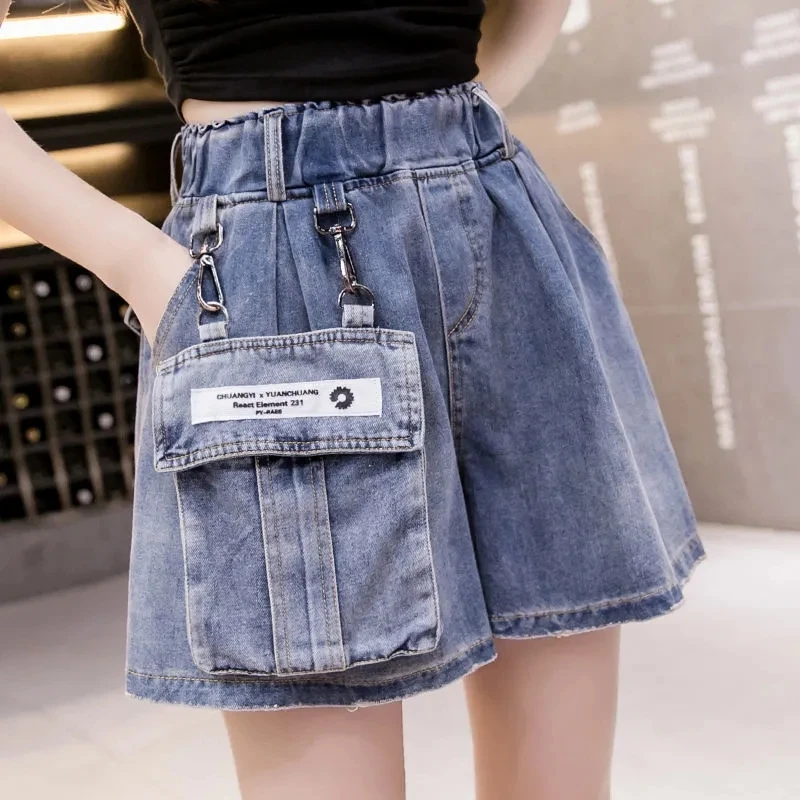 

Elastic Waist Cargo Denim Shorts Women 2024 New Summer Fashion Casual Detachable Pocket Outside Wear Wide-Leg Pants Jeans Short