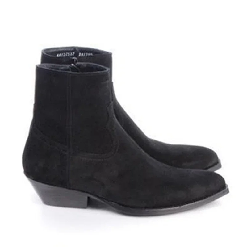 

Pointed Toe Black Genuine Leather Ankle Boots Men Western Cowboy Men's Boots Zip Motorcycle Leather Boots Man, Big Sizes 37-46