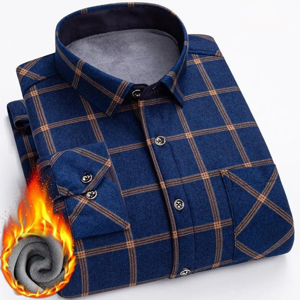

Men Fleece Shirt Plaid Print Men's Cardigan Shirt with Turn-down Collar Long Sleeve Casual Mid Length Top for Fall Spring Lapel