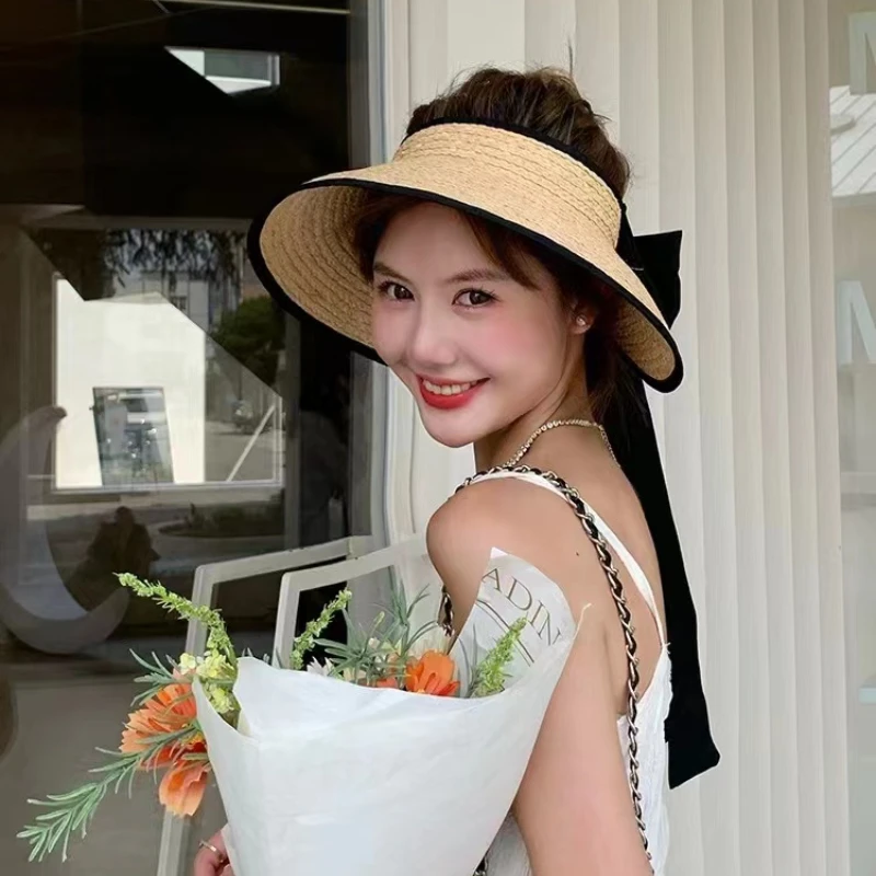 

2023New Korean Style Large Edge Empty Top Wine Rafia Straw Hat Women's Bow Summer Outdoor Anti-UV Sports Beach Sun Hat Wholesale