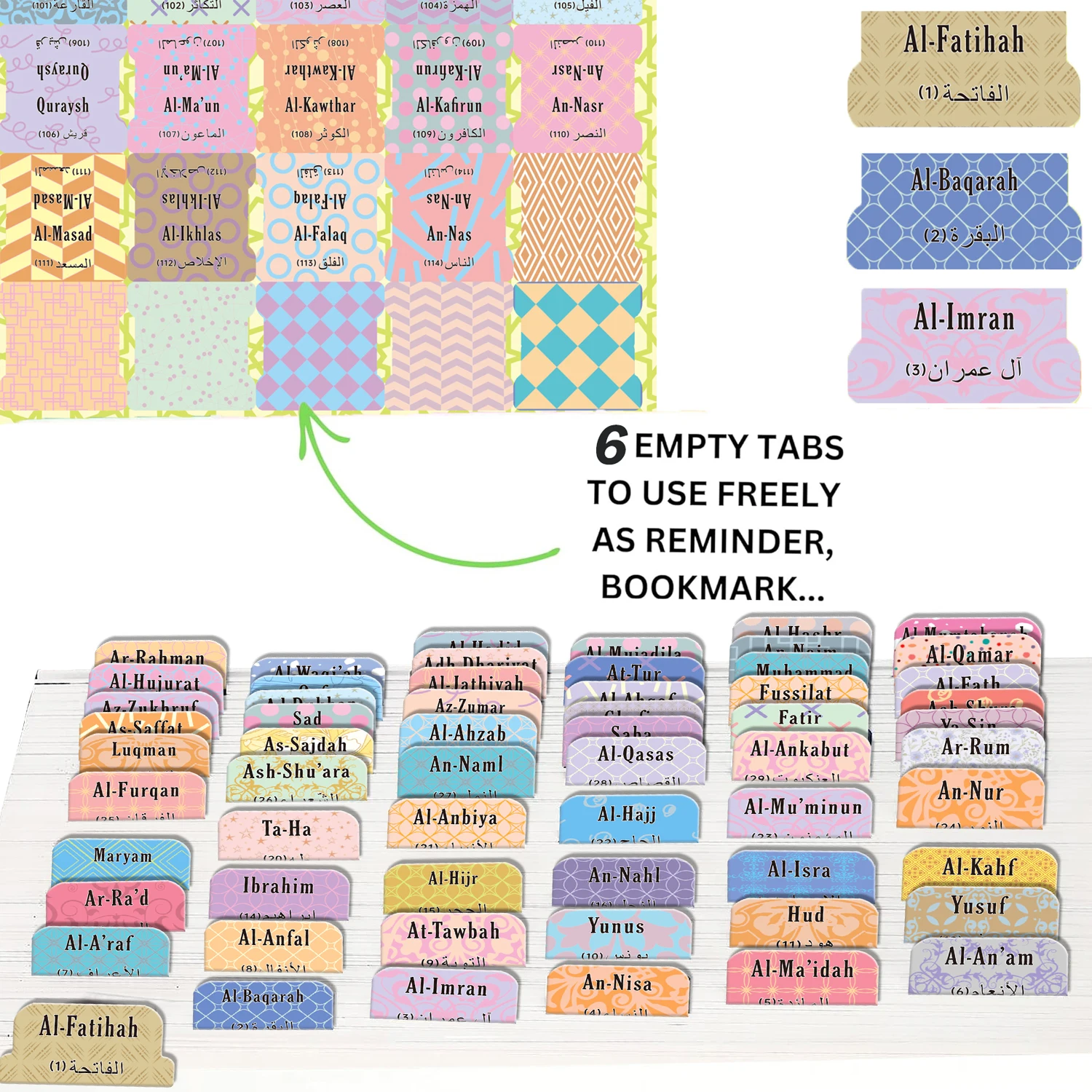 Self-Adhesive Tear-Resistant Holy Book Tabs with Islamic Designs - English & Arabic Surah Organizer Labels