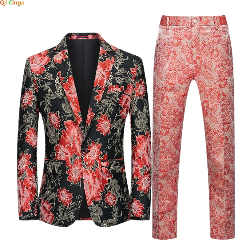 Embroidery Color Fashion Suit Two-piece Men's High Quality Personalized Stage Performance Banquet Business Casual Blazer+Pant formal suit business men clothing