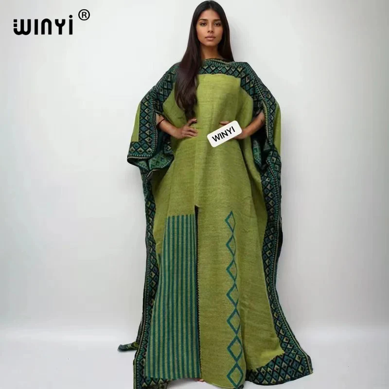 

WINYI Retro print Comfort Warm fashion kaftan Holiday dress Elegant Africa Women Boho party winter abaya for women long dress